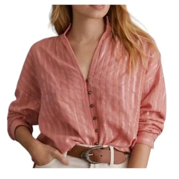 Pilcro Anthropologie The Tavi Button Down Blouse Coral Silver Stripe Peach Large - Picture 1 of 14